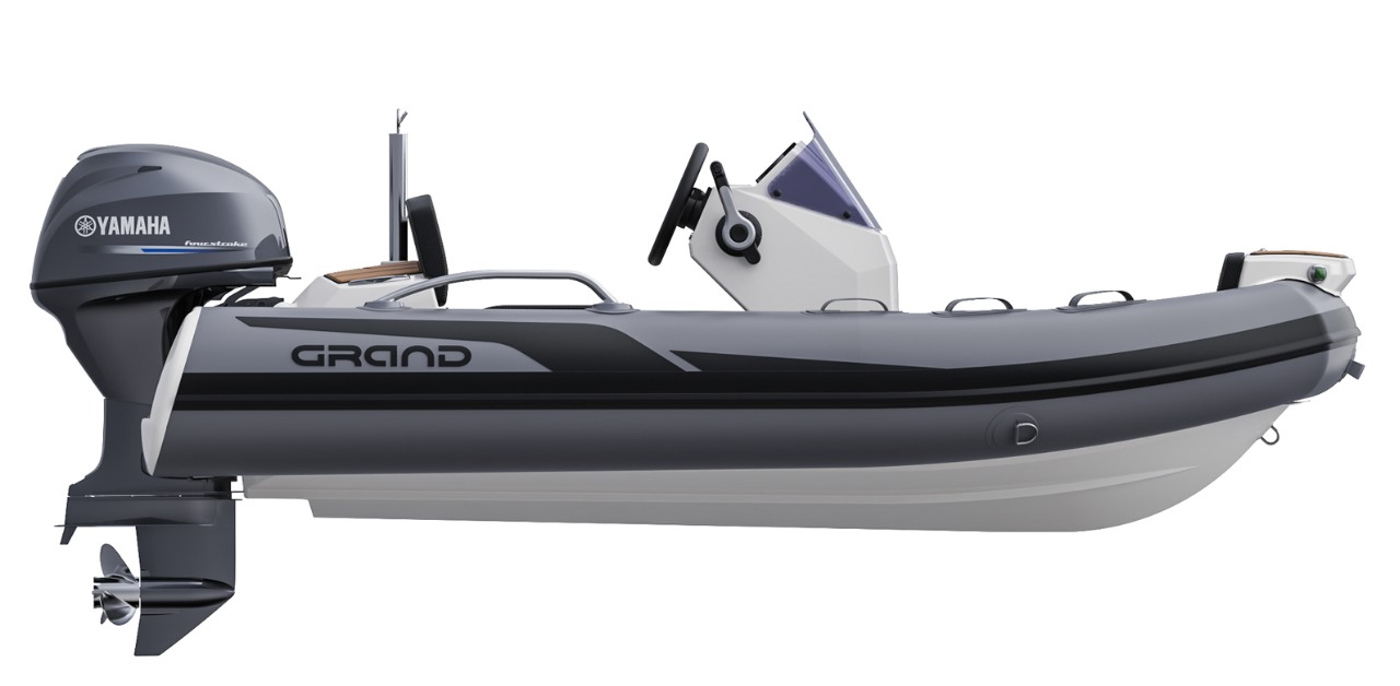 Grand G340 for sale, with dark grey hypalon tubes and white fibreglass hull