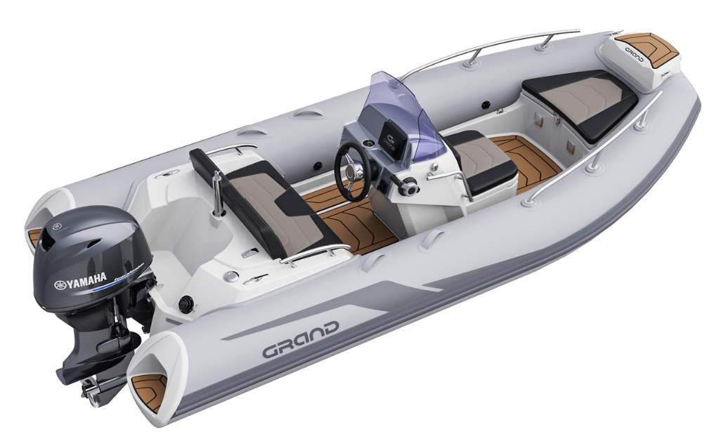 Light grey Grand G420 rigid inflatable boat for sale, with seats and centre console