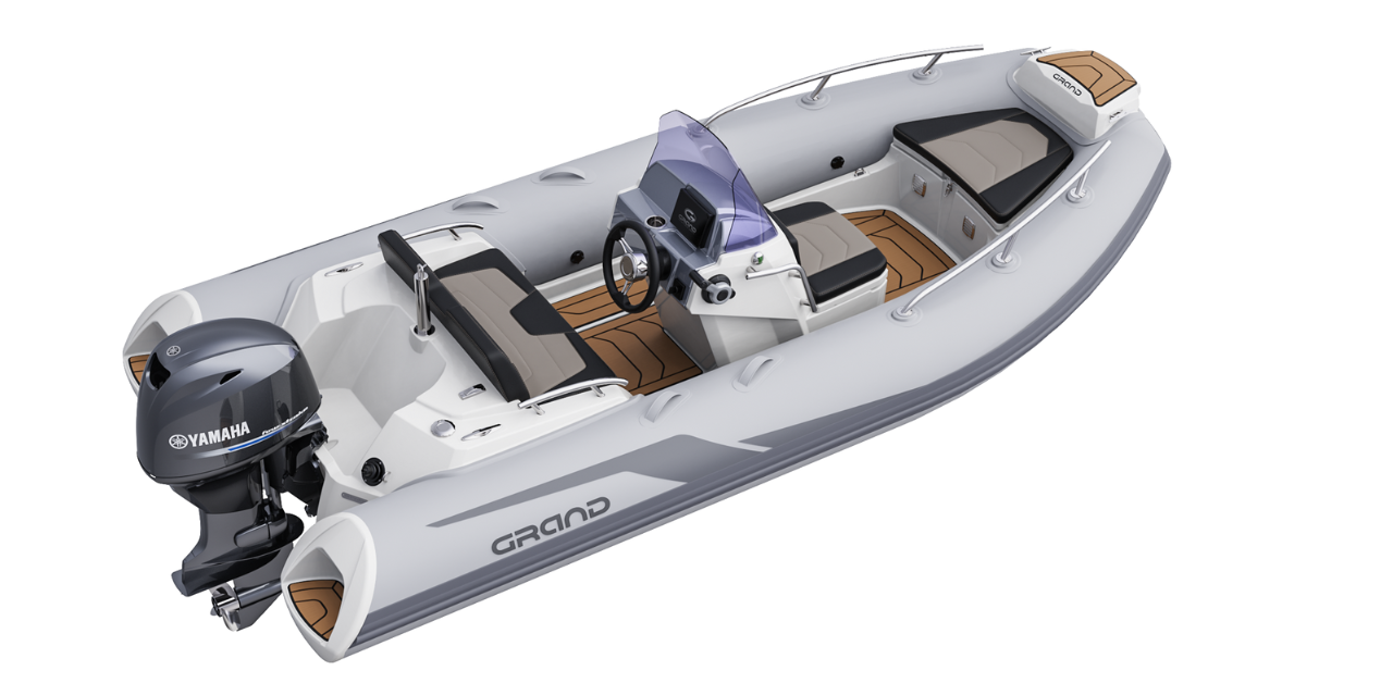 Light grey Grand G420 rigid inflatable boat for sale, with seats and centre console