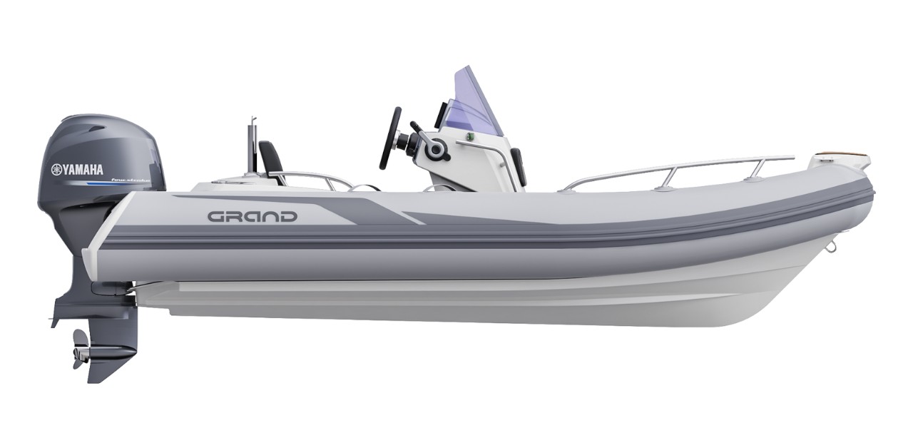 Light grey Grand G420 rigid inflatable boat for sale, from the side showing white fibreglass hull