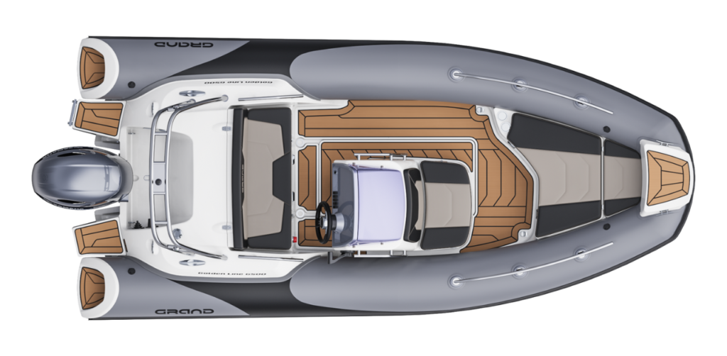 Render image of the Grand G500 for sale, shown from above showing the internal layout of the boat