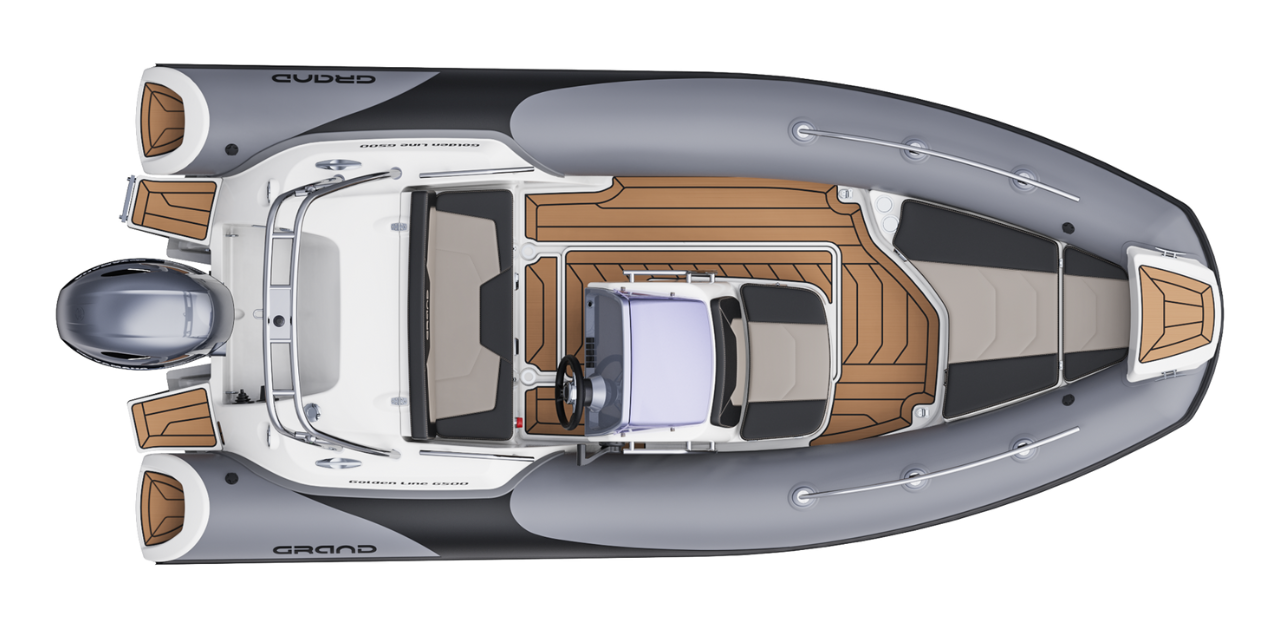 Render image of the Grand G500 for sale, shown from above showing the internal layout of the boat