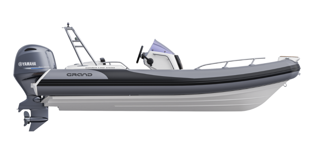 Grand G500 for sale, render image of the boat from the side with dark grey tubes and Yamaha outboard on the back