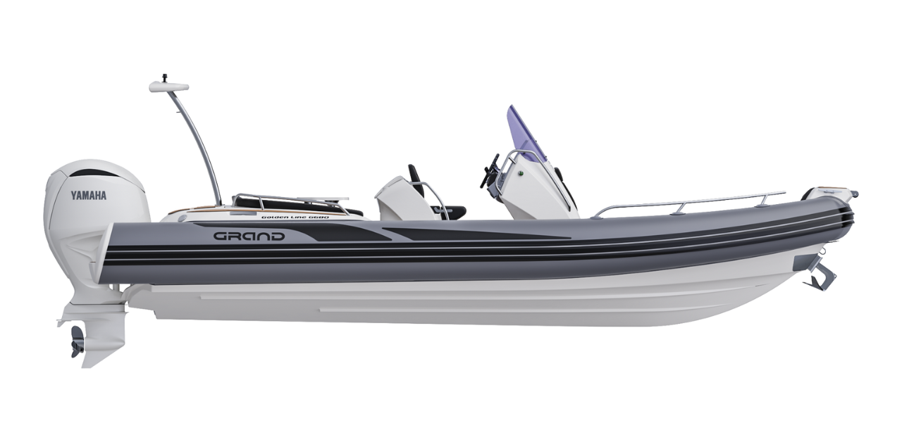 Grand G680 for sale from the side, with dark grey tubes and Yamaha engine on the back