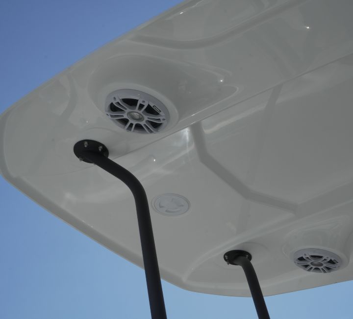 A close up of the fibreglass t-top with in-built speakers on the Grand G750 for sale