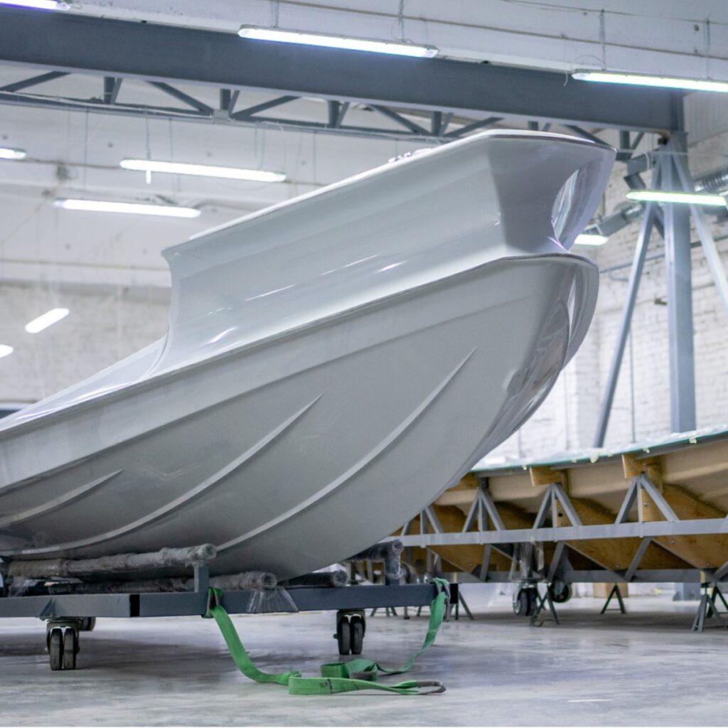 A white hull at a the Grand Inflatable Boats factory