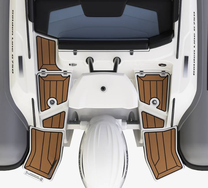 A render image of the Grand G750 stern from above with a Yamaha outboard