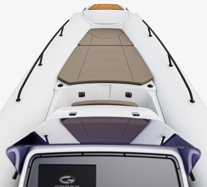 A render visual of the Grand G850 from the helm, looking up towards the bow of the boat