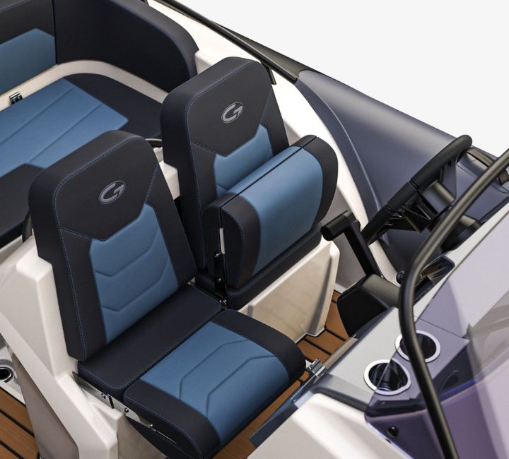 A render image of the helm seating behind the console on the Grand G580