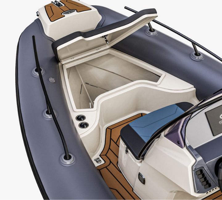 A render visual of the bow locker open at the front of the Grand G580