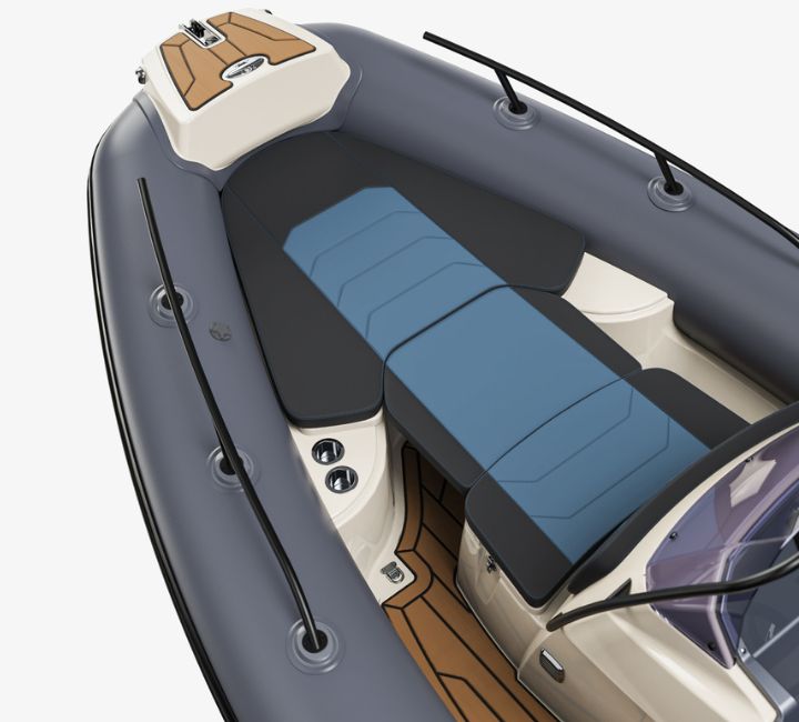 A render image of the Grand G580 bow with extendable sun bed