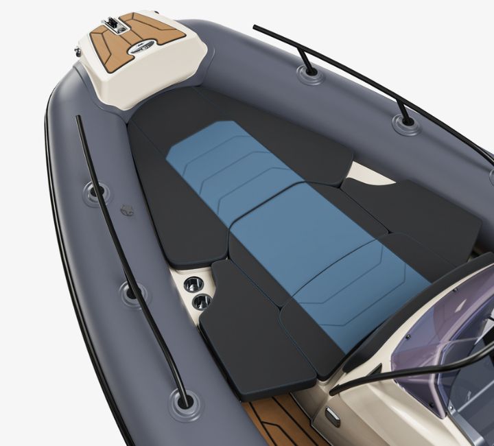 A render image of the Grand G580 bow with extendable sun bed