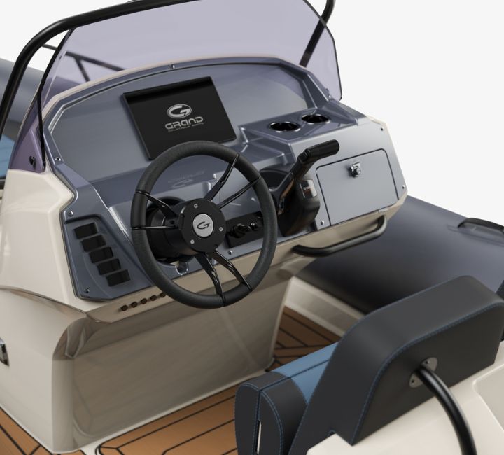 A render image of the steering console on the Grand G580 with screen, steering wheel and glovebox