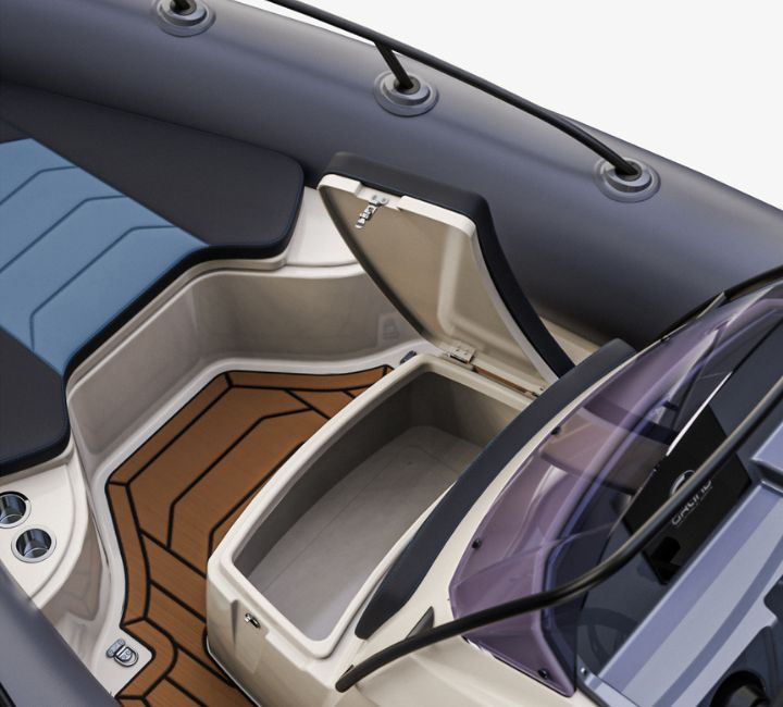 A render image of the seat in front of the console, with an open locker