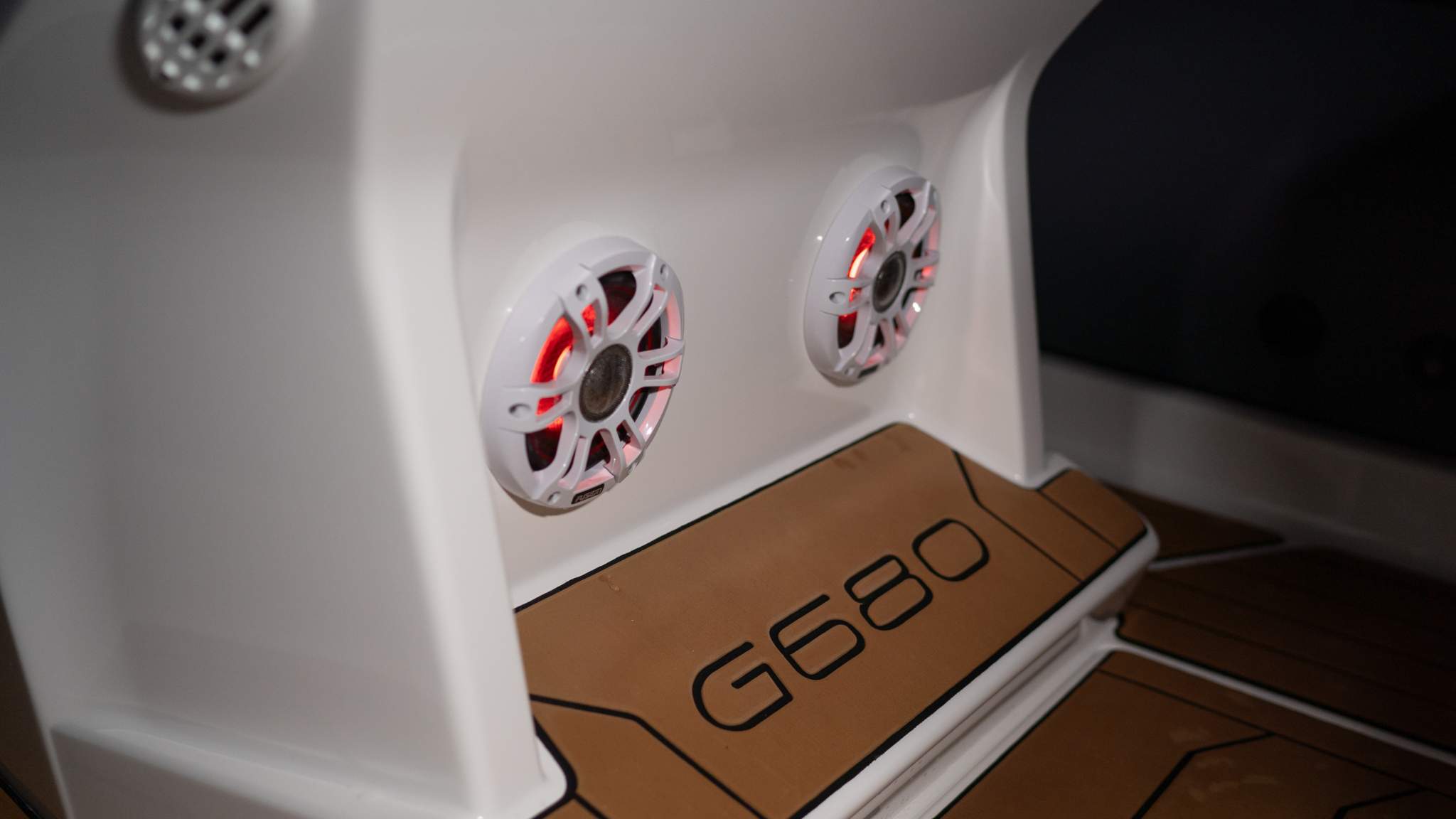 A close up of the foot rest on the Grand G680 rigid inflatable boat