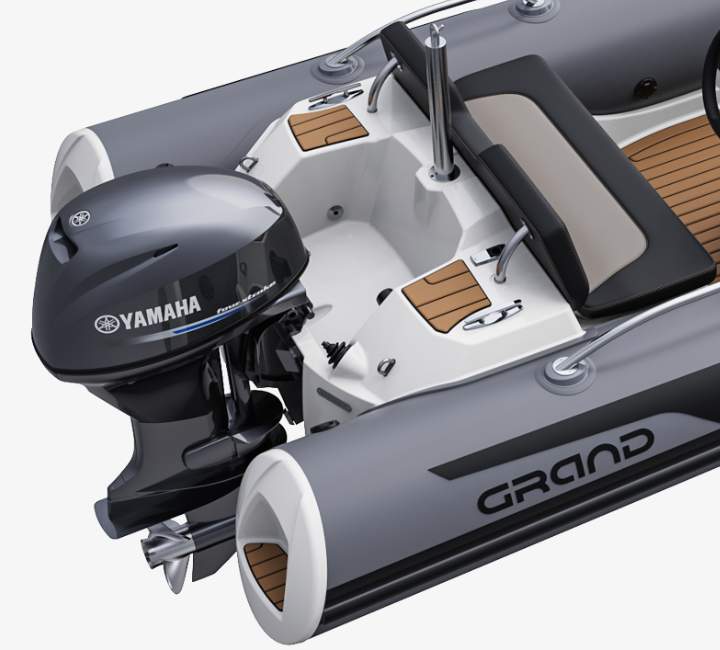 A render image of the Grand G380 tender boat with Yamaha outboard