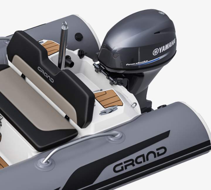 A render image of the Grand G380 tender boat with Yamaha outboard