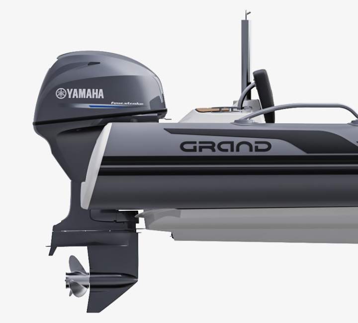 A render image of the stern of the Grand G380 tender boat with Yamaha outboard and ski pole