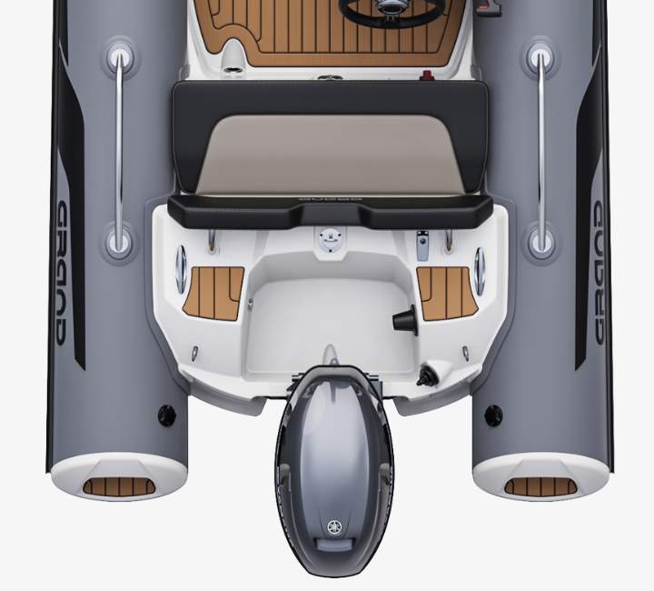 A render image of the stern of the Grand G380 tender boat from above