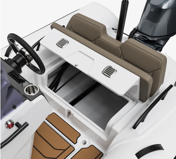 A render image of the storage locker under the helm seating on the Grand G420 tender boat