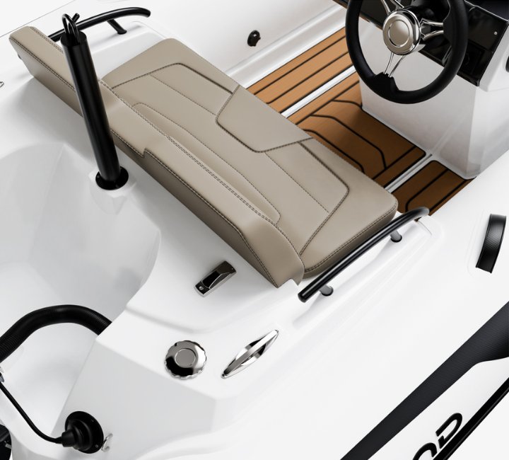 A render image of the helm seating and ski pole on the Grand G420