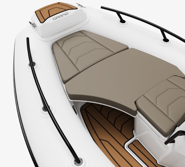 A render image of the extendible bow seating area of the Grand G420 tender boat