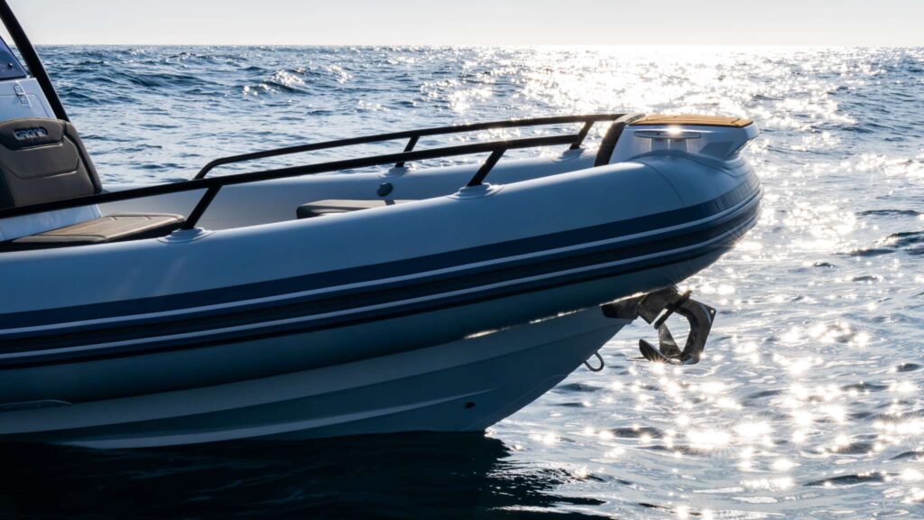 A close up of the bow of a Grand rigid inflatable boat