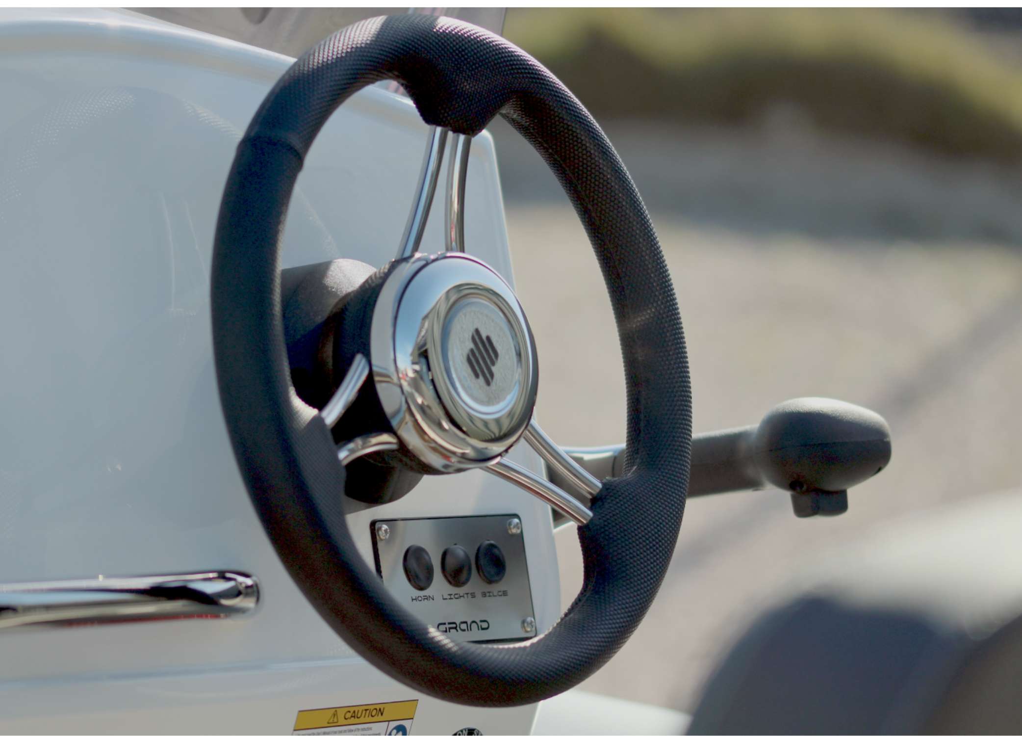 Close up of the steering wheel on the Grand S470