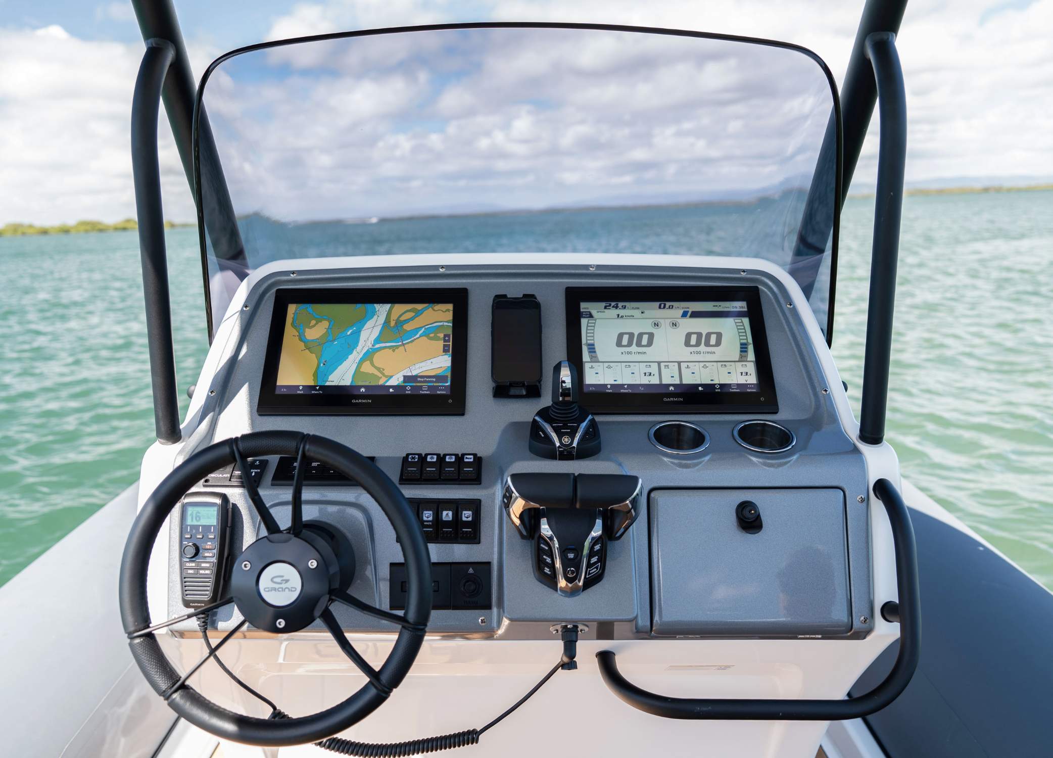 Dashboard on a Grand G850 rigid inflatable boat with Garmin 12" Chart Plotter