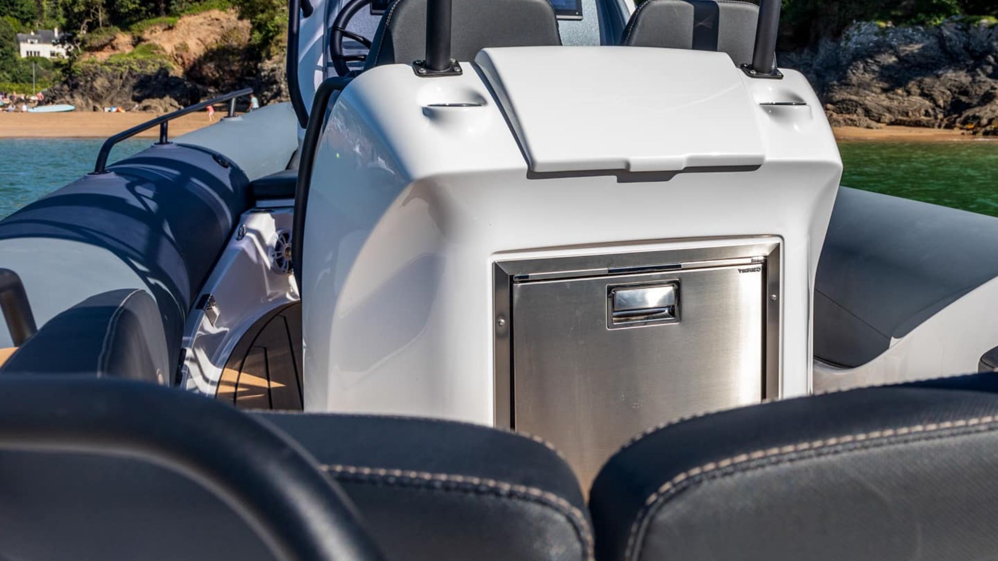 Dark grey Grand G680 rigid inflatable boat for sale with a fridge and wet bar