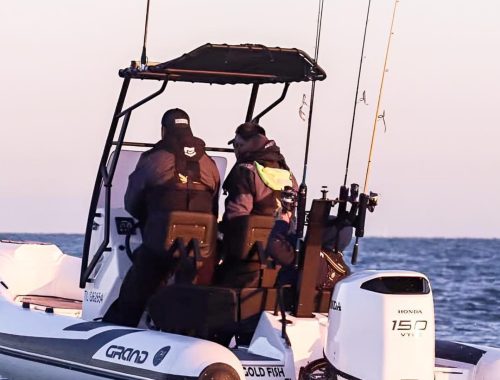 A Grand D600 inflatable fishing boat in white with two passengers on board and rods at the stern and on the t-top