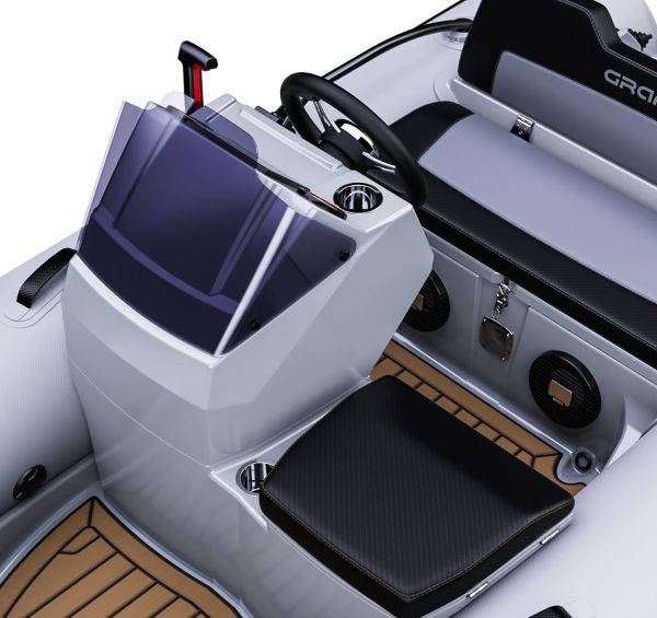 A render visual of the Grand 340 yacht tender small rib, detailing the rear of the boat with the wide drivers bench and optional side seat