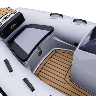 A close up render visual of the Grand G340's bow area, with additional seat, storage compartments and bow step plate