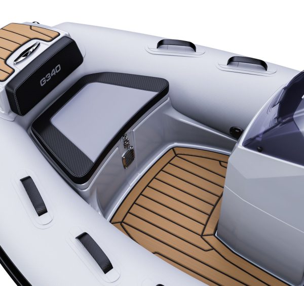 A close up render visual of the Grand G340's bow area, with additional seat, storage compartments and bow step plate