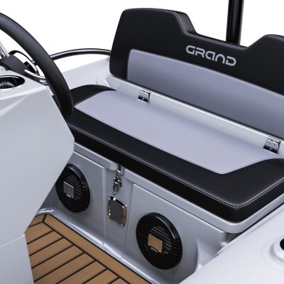 A render visual of the Grand G340's drivers bench seat with locker space underneath the seat