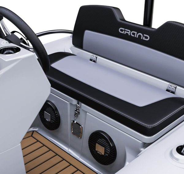 A render visual of the Grand G340's drivers bench seat with locker space underneath the seat