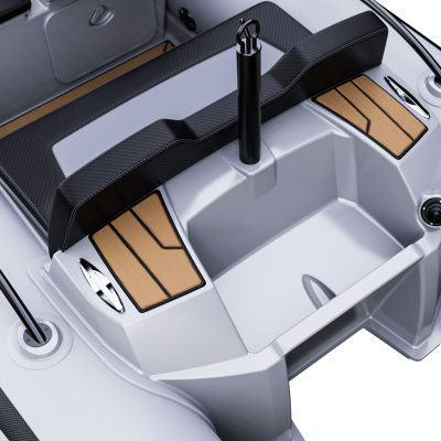 A close up render visual of the back of the Grand G340 with safety rails, ski pole and mooring cleats