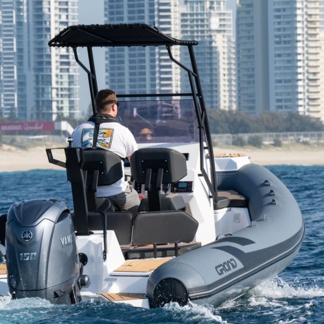 A passenger on board a 6 metre rigid inflatable boat - the Grand D600