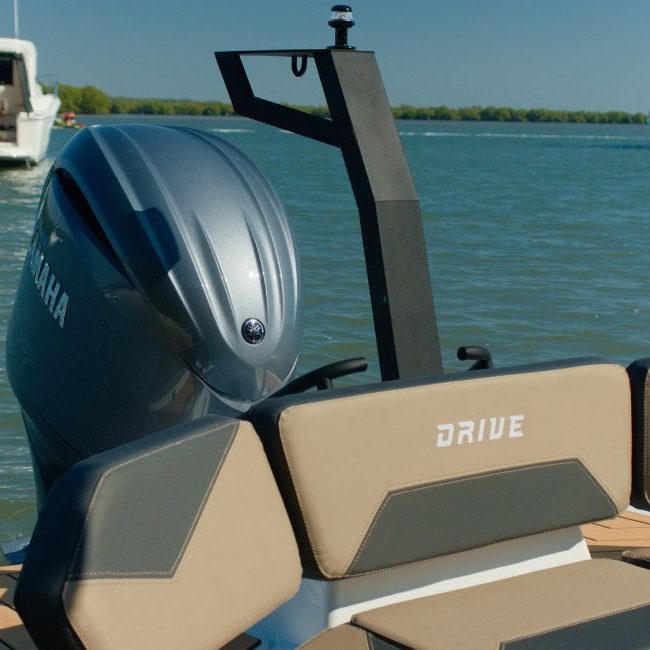 The rear seating on the Grand D600 for sale with ski arch and Yamaha outboard engine